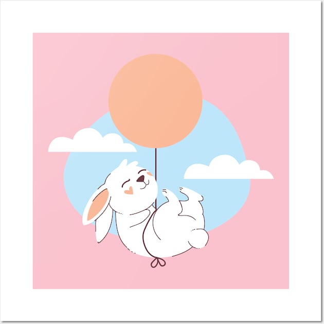 Playful rabbit with a balloon Wall Art by peace and love